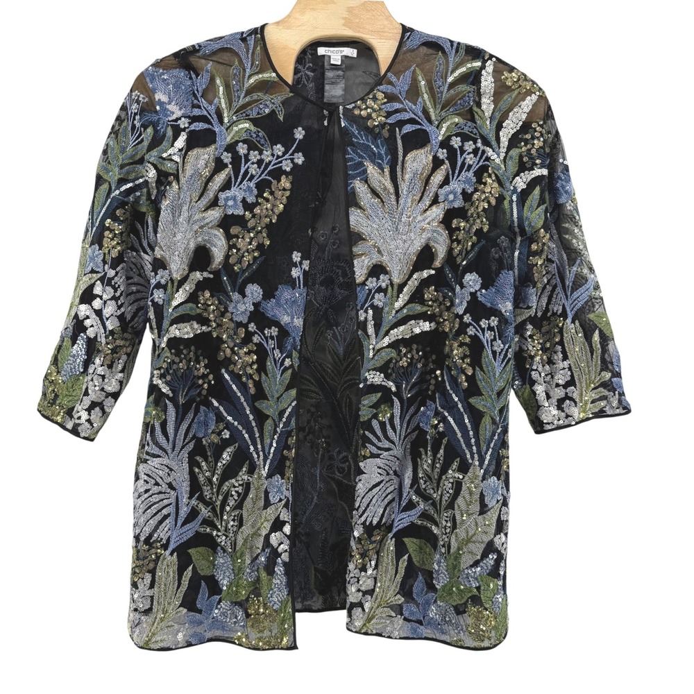 Chicos Floral Embroidered Sequin Mesh Open Front Topper Jacket Black Multi XL 3 - Picture 2 of 10
